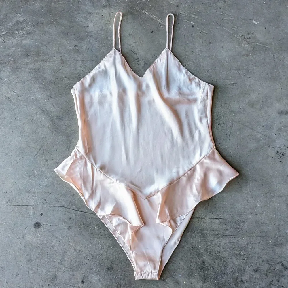 Vintage Axiom Pastel Pink Satin Ruffle Lingerie Bodysuit medium